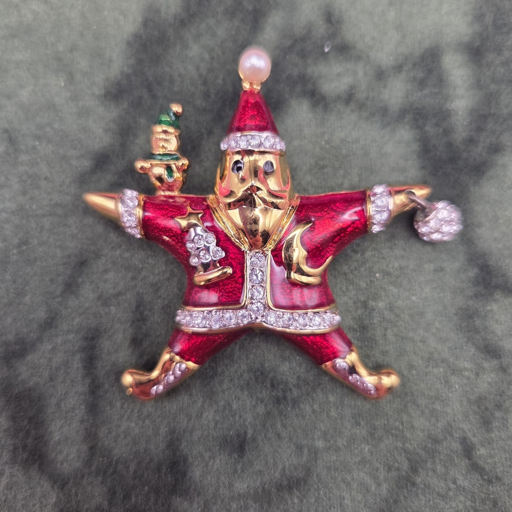 Franklin Mint Red and Gold Santa Brooch